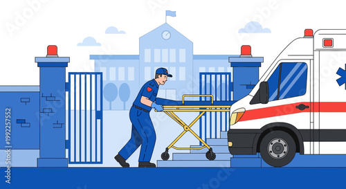 Paramedic with Stretcher Arriving at Hospital Entrance with Ambulance