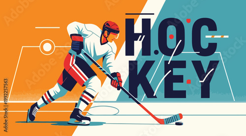 Vector illustration of a hockey player in motion on a stylized court background