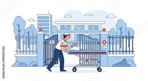 Paramedic with Stretcher Arriving at Hospital Entrance for Patient Transport