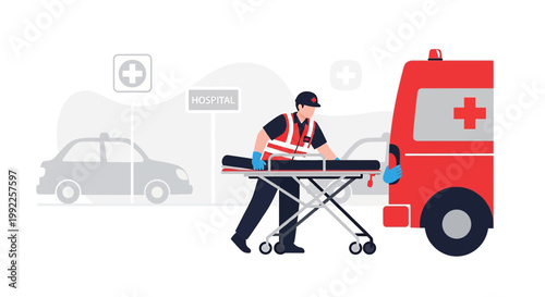 Paramedic with Stretcher at Ambulance Outside Hospital