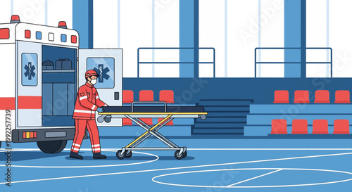 Paramedic with Stretcher at Gymnasium with Ambulance, Sports Injury Emergency