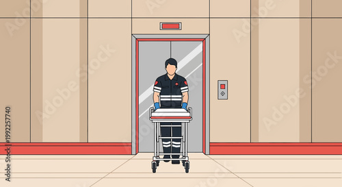 Paramedic with Stretcher at Hospital Elevator Entrance