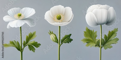Elegant White Flowers in Botanical Illustration Style for Home Decor and Spring Designs