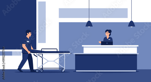 Paramedic with Stretcher at Hospital Reception, Woman at Desk