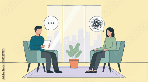 Counseling session illustration with therapist and distressed patient