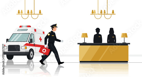 Paramedic with First Aid Kit Enters Hotel Lobby with Ambulance Outside