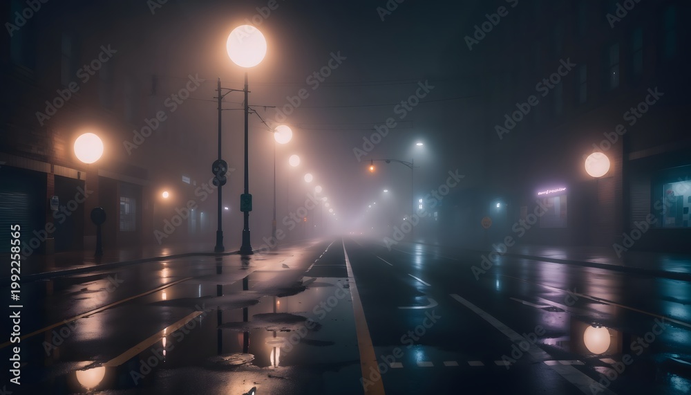 Obraz premium A deserted city street at night, shrouded in thick fog and illuminated by glowing streetlights, with wet asphalt reflecting the dim light.