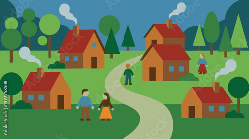 Cartoon village with houses, trees, and people on a winding path
