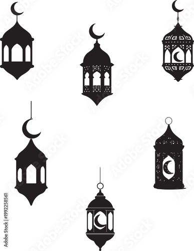 Islamic lantern silhouettes with crescent moon symbols in elegant decorative hanging designs