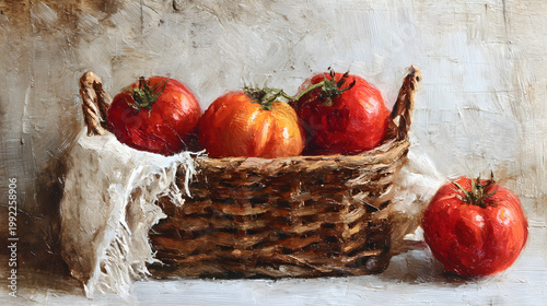 Red Tomatoes in basket oil painting