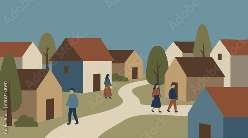 Minimalist flat design illustration of people walking in a village with houses