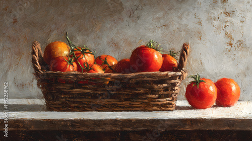 Red Tomatoes in basket oil painting