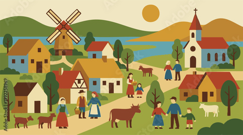 Stylized rural village scene with people, houses, windmill, and church