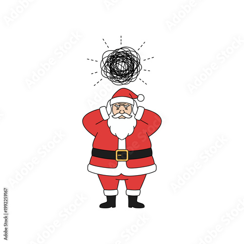 Stressed Santa Claus Holding Tangled Christmas Lights