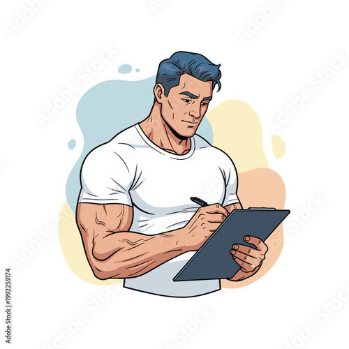Muscular Man on Tablet with Stylus in Blue Tones digital stylus