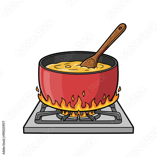 Red Pot of Simmering Yellow Soup Stirred on Stove Flame