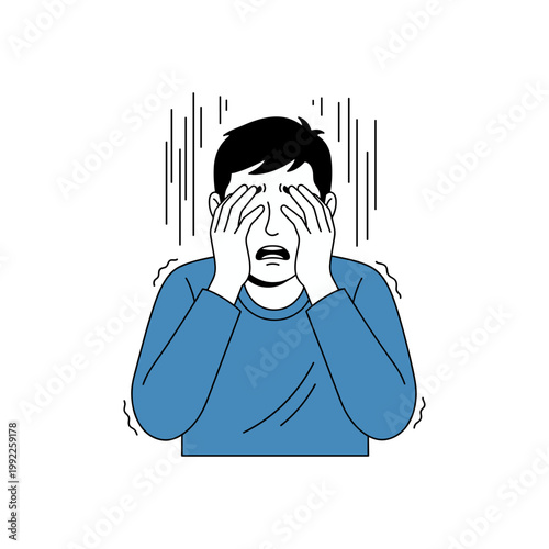 Stressed Man in Blue Shirt Rubbing Temples with Rain Above Head