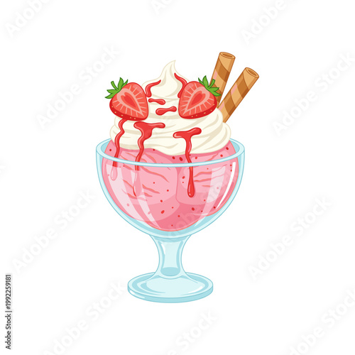 Bright Strawberry Swirl Ice Cream in Glass with Wafer Sticks