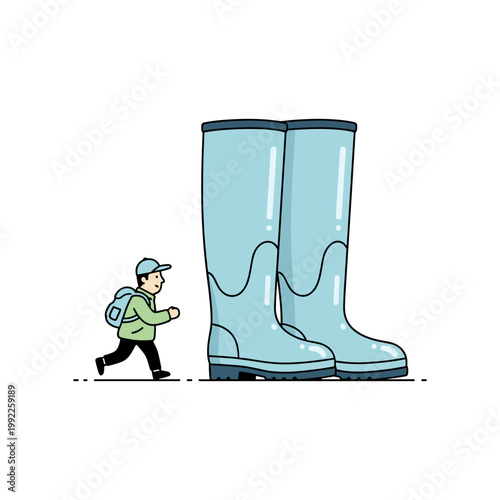 Cartoon Hiker in Green Jacket Walking Next to Large Rain Boots