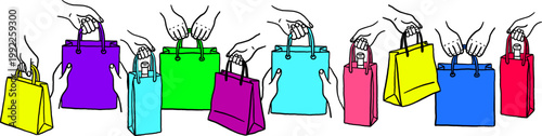 Canvastavla colorful shopping bags border with hand drawn hands holding bright paper sacks f