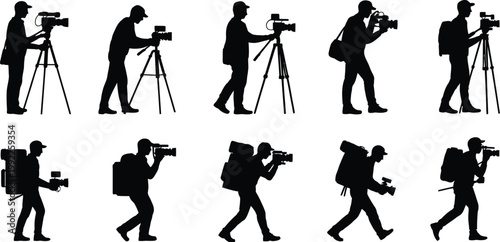Cameraman, silhouette icon set of professional videographers filming, video production concept, media shooting crew vector illustration.