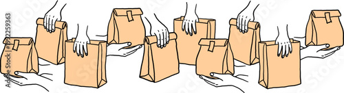 vector hand drawn human hands holding paper bags delivery service border craft eco friendly packaging concept for food grocery shopping banner