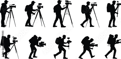 Cameraman, silhouette icon set of professional videographers filming, video production concept, media shooting crew vector illustration.