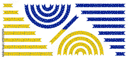 Vector illustrations of lines and arcs. A set of isolated dark blue and yellow lines and arcs with various light blue stars on a white background.