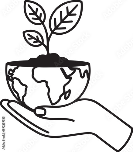 Plant care and growth icon set illustrating hand holding seedling, environmental design.