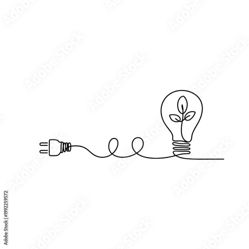 A continuous line drawing depicts an electric plug powering a lightbulb with a plant