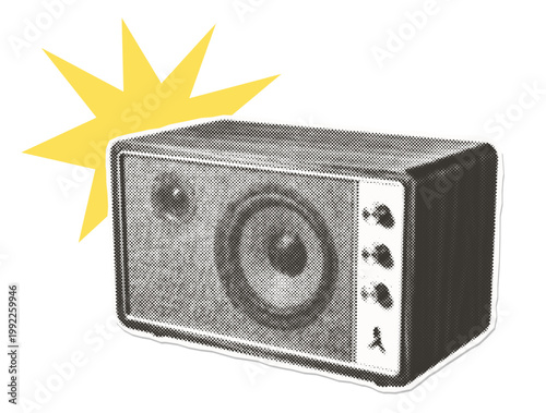 Isolated retro halftone vintage radio - paper cutout collage composition. Trendy zine style portable receiver design asset.