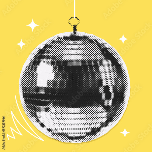 Isolated retro halftone disco ball on yellow background - paper cutout collage composition. Vintage party design asset for club or music events.