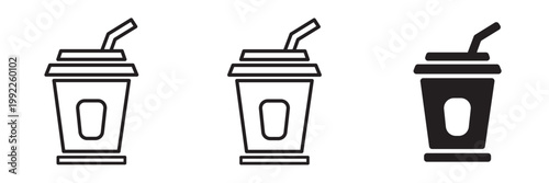 Three black and white illustrations of disposable cups with straws