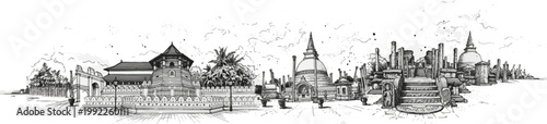 Sri Dalada Maligawa and Ancient Watadageya Line Art Sketch, Temple of the Tooth Kandy Sri Lanka Architectural Illustration, Cultural Heritage Drawing - buddhist