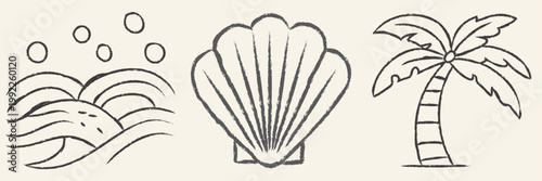 A serene beach scene with palm tree, waves, and seashell