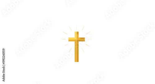 A simple golden Christian cross glows with subtle light rays emanating from its center against a pure white background in a minimalist design.