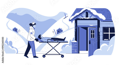 Paramedic transports patient on stretcher from snowy cabin to ambulance, winter rescue