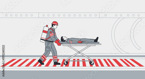 Paramedic Transports Patient on Stretcher in Industrial Corridor with Red Stripes