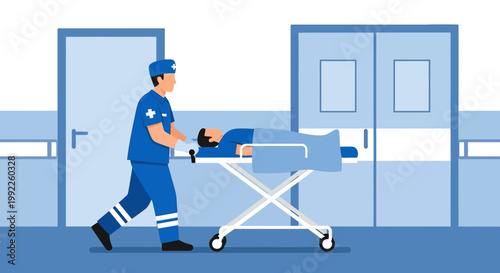 Paramedic Transports Patient on Stretcher in Hospital Corridor