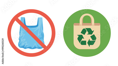 Eco friendly shopping bag and forbidden plastic bag icons on white background