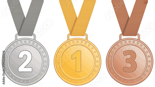 Gold silver and bronze medals with ribbons and numbers on them