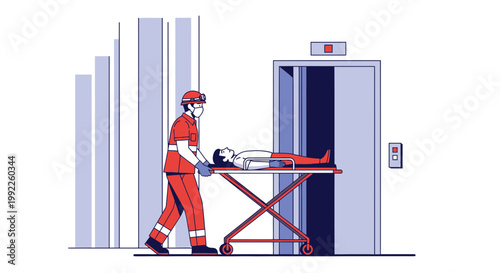 Paramedic transports patient on stretcher into elevator for medical care