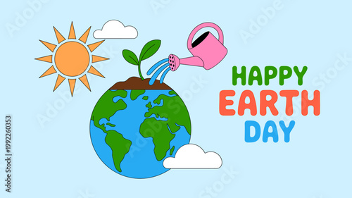 Happy Earth Day illustration with watering can and sprouting plant on globe