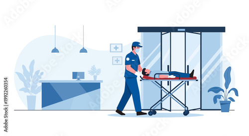 Paramedic transports patient on stretcher into modern hospital entrance with reception desk and plants
