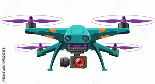 Modern professional quadcopter drone with high resolution camera lens and purple propellers for aerial photography and video filming isolated on white. High quality flat vector technology art.