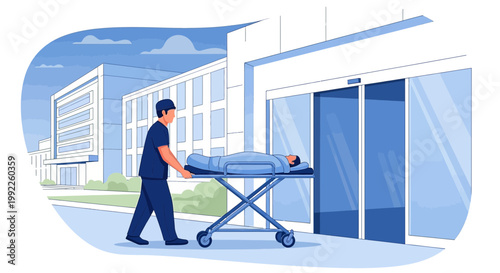 Paramedic Transports Patient on Stretcher into Modern Hospital Entrance