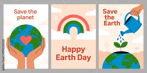 Happy Earth Day illustration showing hands saving planet with watering plant