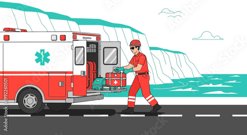 Paramedic Unloads Medical Equipment from Ambulance for Emergency Response by the Sea