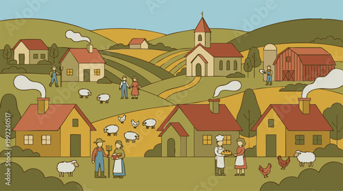 Flat Design Illustration of a Traditional Farming Village and Rural Life