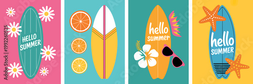 Colorful Summer Greeting Cards Featuring Surfboards and Tropical Elements Design